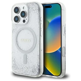 Guess dervos gradientinis blizgus magnetinis dėklas iPhone 16 Pro telefonui – sidabrinis