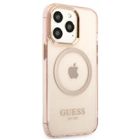 Guess GUHMP13LHTCMP iPhone 13 Pro / 13 6.1" rožinis/rožinis kietas dėklas telefonui su auksiniu kontūru, permatomas Magnetinis MagSafe