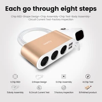 Automobilio cigarečių degiklio lizdo daliklis B08 - 3 lizdai + 2xUSB - 3,1A 120W su ekranu ir laidu auksinis