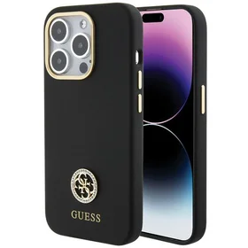 Guess silikoninis Logo Strass 4G dėklas telefonui iPhone 15 Pro Max - juodas