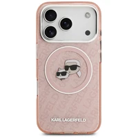 Karl Lagerfeld IML blizgantis Karl & Choupette galvų logotipo magnetinis dėklas telefonui iPhone 17 Pro - rožinis
