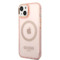 Guess GUHMP14SHTCMP iPhone 14 6.1" rožinis kietas dėklas su auksiniu kontūru, permatomas, magnetinis (MagSafe)