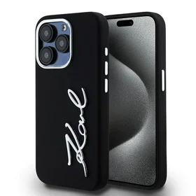 Karl Lagerfeld Silikoninis Metal Script Logo dėklas telefonui iPhone 15 Pro - juodas
