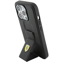 Ferrari Grip Stand Metal Logo dėklas iPhone 15 Pro – juodas