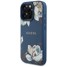 Guess grūdėto rašto gėlių motyvo MagSafe dėklas iPhone 16 Pro Max - mėlynas
