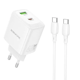 Borofone sieninis įkroviklis BN30 Cargador GaN - USB + Type C - QC 3.0 PD 45W su Type C į Type C kabeliu baltas