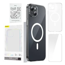 Dėklas telefonui Baseus Magnetinis Crystal Clear iPhone 13 (skaidrus) su apsauginiu stiklu ir valymo rinkiniu