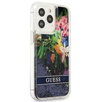 Guess GUHCP13LLFLSB iPhone 13 Pro / 13 6.1" mėlynas kietas dėklas gėlių skystas blizgučiai