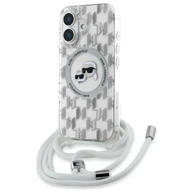 Karl Lagerfeld IML per petį monograminis Karl ir Choupette galvos MagSafe iPhone 16 dėklas - skaidrus