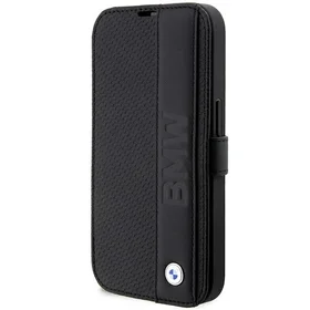 BMW dėklas BMBKP14X22RDPK iPhone 14 Pro Max 6.7" juodas/juodas knyginis odinis tekstūruotas ir dryžuotas