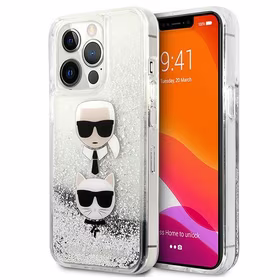 Karl Lagerfeld Skystas Glitter Karl&Choupette Galvos dėklas iPhone 13 Pro / iPhone 13 - sidabrinis