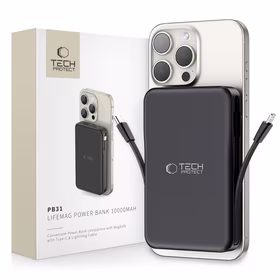 Tech-Protect LifeMag PB31 išorinė baterija su MagSafe 10000mAh 15W USB-C / USB-A / įmontuotu USB-C / Lightning kabeliais - juoda