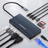 USB-C Hub 14 in 1 Wozinsky WDS03Y5S daugiafunkcis, aliuminis, 3 monitoriams, su 15 cm laidu - pilkas