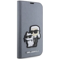 Karl Lagerfeld KLBKP14LSANKCPG iPhone 14 Pro 6.1" knygos tipo dėklas sidabrinis Saffiano Karl & Choupette