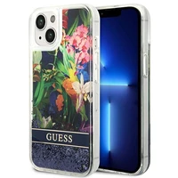 Guess GUHCP14SLFLSB iPhone 14 6.1 "mėlynas kietas dėklas Flower Liquid Glitter