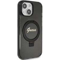 Guess dėklas telefonui su stovu Ring Stand Script Glitter magnetinis iPhone 15 Plus / 14 Plus - juodas
