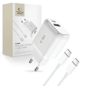 Tech-Protect C20W USB-C PD 20W / USB-A QC 3.0 įkroviklis su USB-C / USB-C kabeliu - baltas