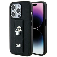 Karl Lagerfeld Gripstand Saffiano Karl&Choupette Pins dėklas telefonui iPhone 14 Pro - juodas