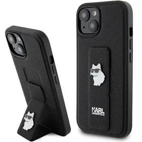 Karl Lagerfeld Gripstand Saffiano Choupette Pins dėklas telefonui iPhone 15 Plus / 14 Plus - juodas