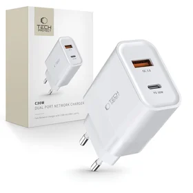 Tech-Protect C30W įkroviklis USB-C PD 30W / USB-A QC 3.0 - baltas