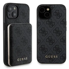 Guess 4G Metal Logo dėklas telefonui rinkinys iPhone 15 + 5000mAh Magnetinė išorinė baterija - juoda