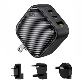 INVZI GanHub 2x USB-C + USB wall įkroviklis, 65W, EU/UK/AU/US (juodas)