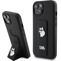 Karl Lagerfeld Gripstand Saffiano Choupette Pins dėklas telefonui iPhone 15 Plus / 14 Plus - juodas