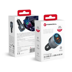 FORCELL F-ENERGY Alu automobilinis įkroviklis 2 x Type C + USB A PD QC4.0 SFC2.0 3A 85W pilkas