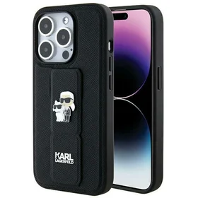 Karl Lagerfeld Gripstand Saffiano Karl&Choupette Pins dėklas telefonui iPhone 14 Pro - juodas