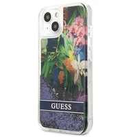 Guess GUHCP13SLFLSB iPhone 13 mini 5.4" mėlynas kietas dėklas gėlių skystas blizgučiai