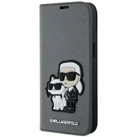 Karl Lagerfeld KLBKP14SSANKCPG iPhone 14 6.1" knygos tipo dėklas sidabrinis Saffiano Karl & Choupette