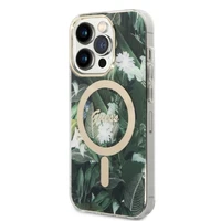 Rinkinys Guess GUBPP14LHJEACSA dėklas + įkroviklis iPhone 14 Pro 6.1" žalias/žalias kietas dėklas Jungle Magnetinis