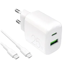 Puro PROLITE 25W USB-A / USB-C sieninis įkroviklis + USB-C - USB-C kabelis 1.2m - baltas