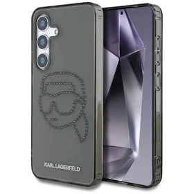 Karl Lagerfeld dėklas telefonui su kalnų krištolais Karl Head logotipu Samsung Galaxy S25 juodas