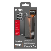 SBS rinkinys su D3O technologija iPhone 16 Pro - dėklas + apsauginis stiklas ir kameros apsauga - skaidrus