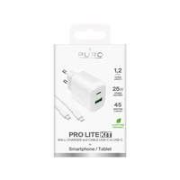 Puro PROLITE 25W USB-A / USB-C sieninis įkroviklis + USB-C - USB-C kabelis 1.2m - baltas