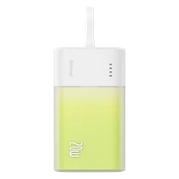 Baseus Popsicle 5200mAh 20W išorinė baterija su įmontuotu Lightning kabeliu (+ baltas Baseus Simple USB-C - USB-C 60W/20V/3A/30cm kabelis) - balta-žalia