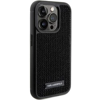 Karl Lagerfeld Krištolo logotipas metalinė plokštelė dėklas iPhone 15 Pro - juoda
