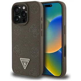 Guess Grained Hot Stamp Peony trikampio logotipo magnetinis dėklas telefonui iPhone 16 Pro - rudas