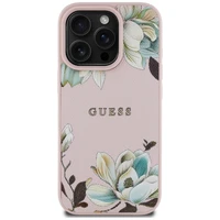 Guess Grained Printed Flower Pattern MagSafe dėklas telefonui iPhone 16 Pro rožinis