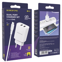 Borofone Sieninis įkroviklis BN2 Super - 2xUSB - 2,1A su USB į Type C baltas