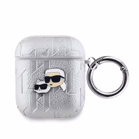 Karl Lagerfeld PU Embossed Karl and Choupette Heads dėklas AirPods 1/2 sidabrinis