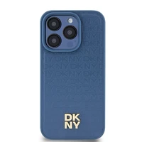 DKNY Odinis monogramos rašto metalinis logotipas Magnetinis dėklas iPhone 15 Pro - mėlyna