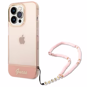 Guess GUHCP14LHGCOHP iPhone 14 Pro 6.1" rožinis/rožinis kietas dėklas Permatomas Perlų Dirželis