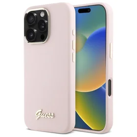 Guess Silikoninis Užrašas Metalinis Logo & Rėmelis iPhone 16 Pro Dėklas - rožinis