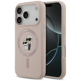 Karl Lagerfeld silikoninis Karl&Choupette žiedinis magnetinis dėklas telefonui iPhone 17 Pro - rožinis