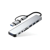 "Tech-Protect" HB06 HUB adapteris 8in1 TYPE-C + USB2.0 + USB3.0 + SD/TF + AV3.5 - pilkos spalvos