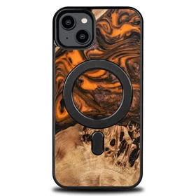 Medinis ir dervos dėklas telefonui iPhone 15 Plus Magnetinis Bewood Unique Orange - oranžinė ir juodas