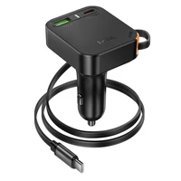 Automobilinis įkroviklis Hoco su ištraukiamu kabeliu 2 x USB C + USB A QC PD 65W NZ18 juodas