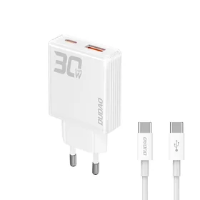 GaN Dudao A30EUT 30W USB-A / USB-C sieninis įkroviklis + USB-C - USB-C kabelis - baltas